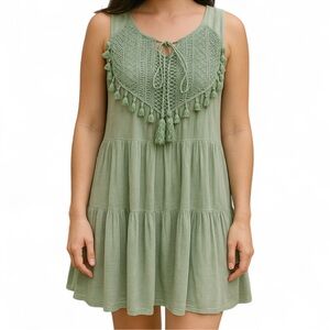 Vestique Green‎ Crochet Boho Mini Dress Tassel Sleeveless Cotton Blend Size M